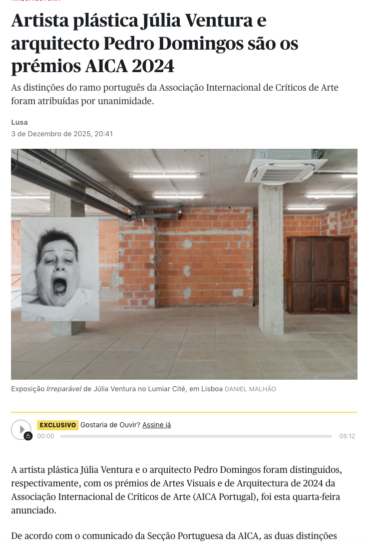 Público | 03.12.2025 | Lusa | https://www.publico.pt/2025/12/03/culturaipsilon/noticia/artista-plastica-julia-ventura-arquitecto-pedro-domingos-sao-premios-aica-2024-2156924